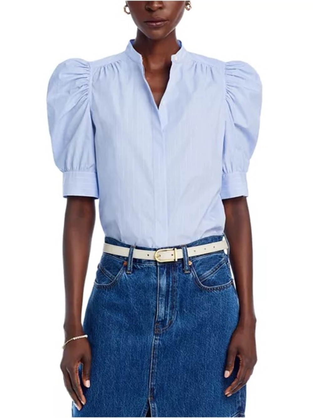Frame Shirt Blouse Striped Puff Sleeve Blue Button Front Pinstripes Size Small